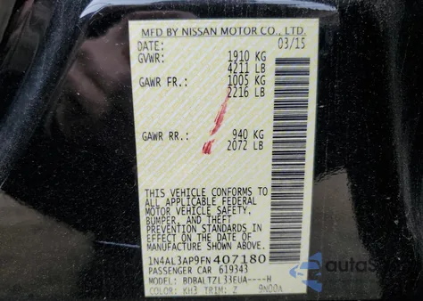 2015 Nissan Altima 2.5 from USA, damaged, VIN 1N4AL3AP9FN407180